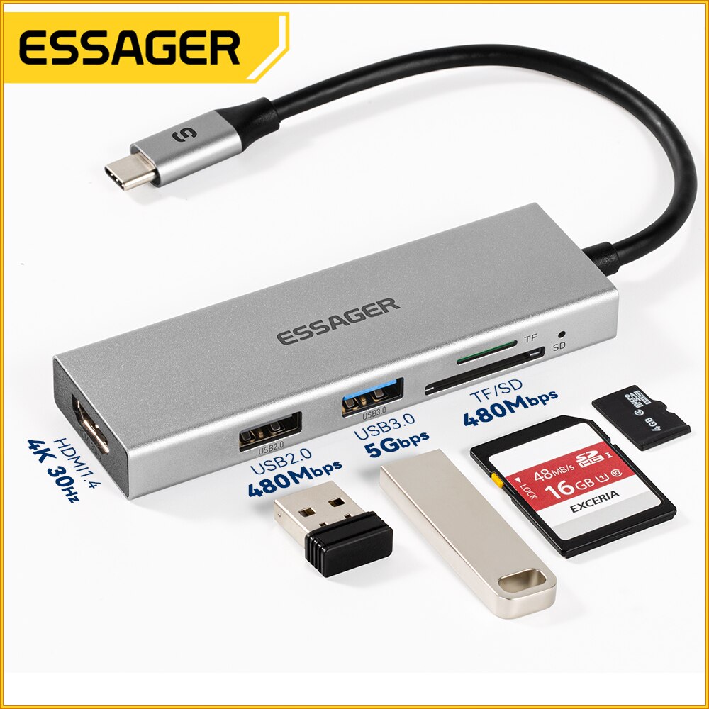 Essager 5 in 1 USB C HUB HDMI- - Usb Hub Type C 评论和价格
